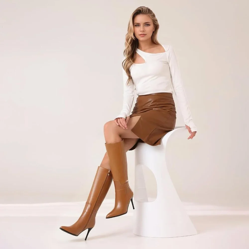 Women's Brown Stiletto Knee High Closed Toe Long Boots Side Zipper Dress Boots